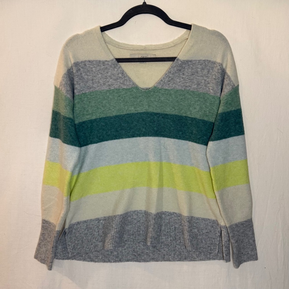 Loft Womens V-Neck Striped Sweater Green Yellow Grey Knit Long Sleeve Small